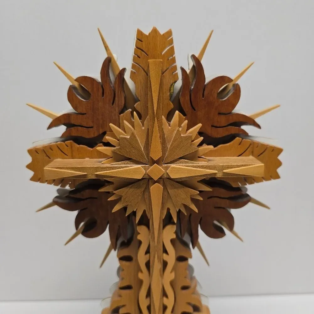 Vintage Wooden Scroll Saw Carved Ornate Crucifix Cross Tabletop Religious Art